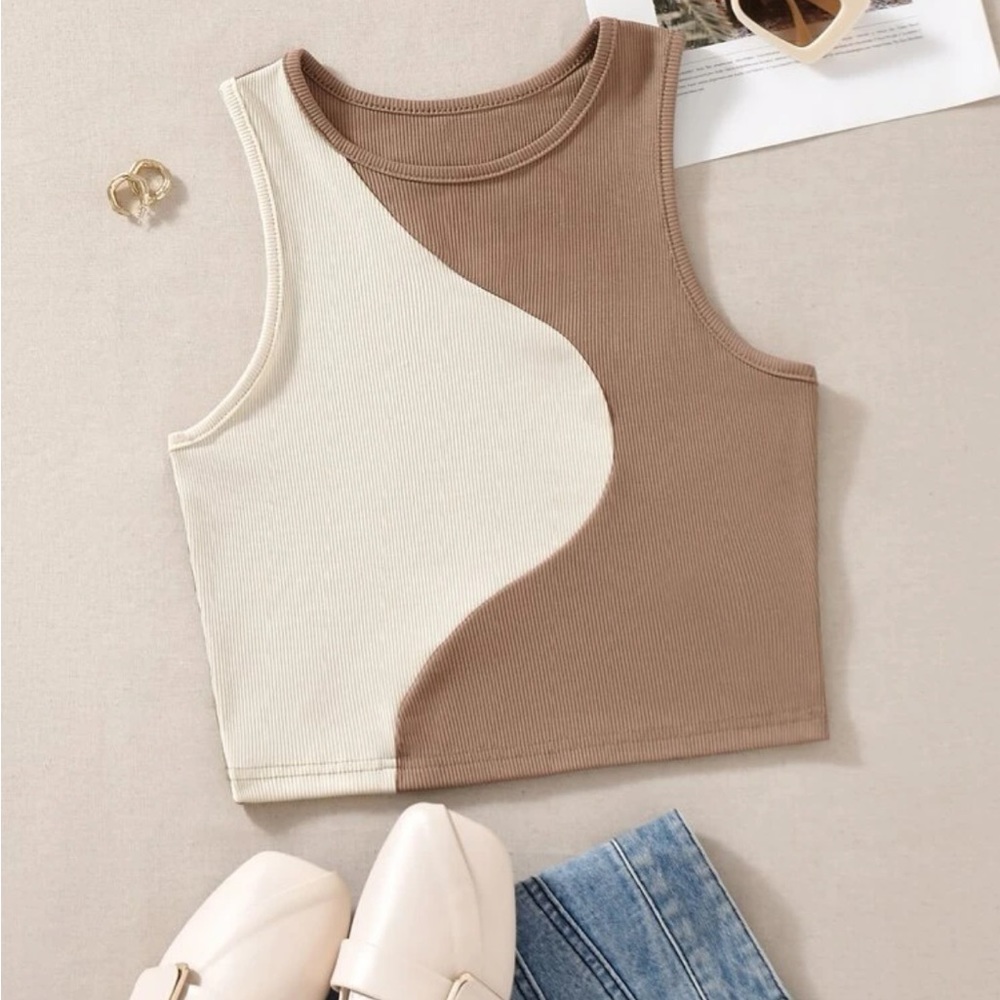 Color Block Ribbed Knit Tank Top - Cream/Tan